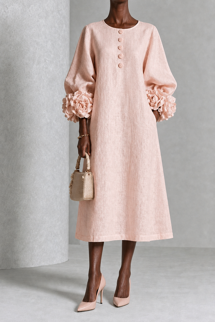 Chinelo | Pink Floral Button-down Midi Dress With Striking Floral Cuffs