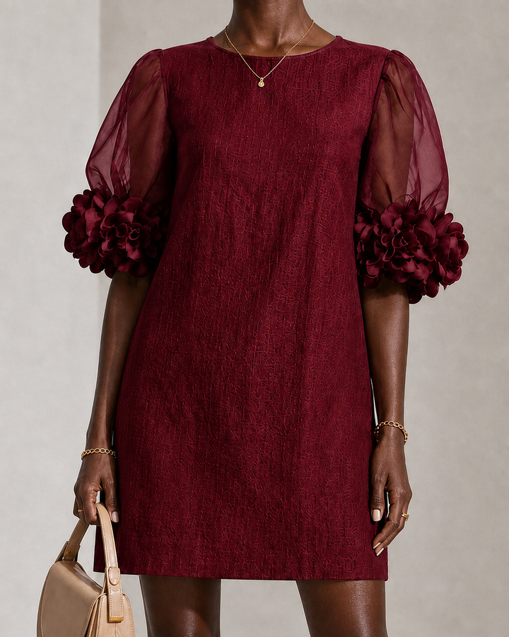 Muthoni | Burgundy Organza Puff-sleeved Mini Dress With Striking Floral Cuffs