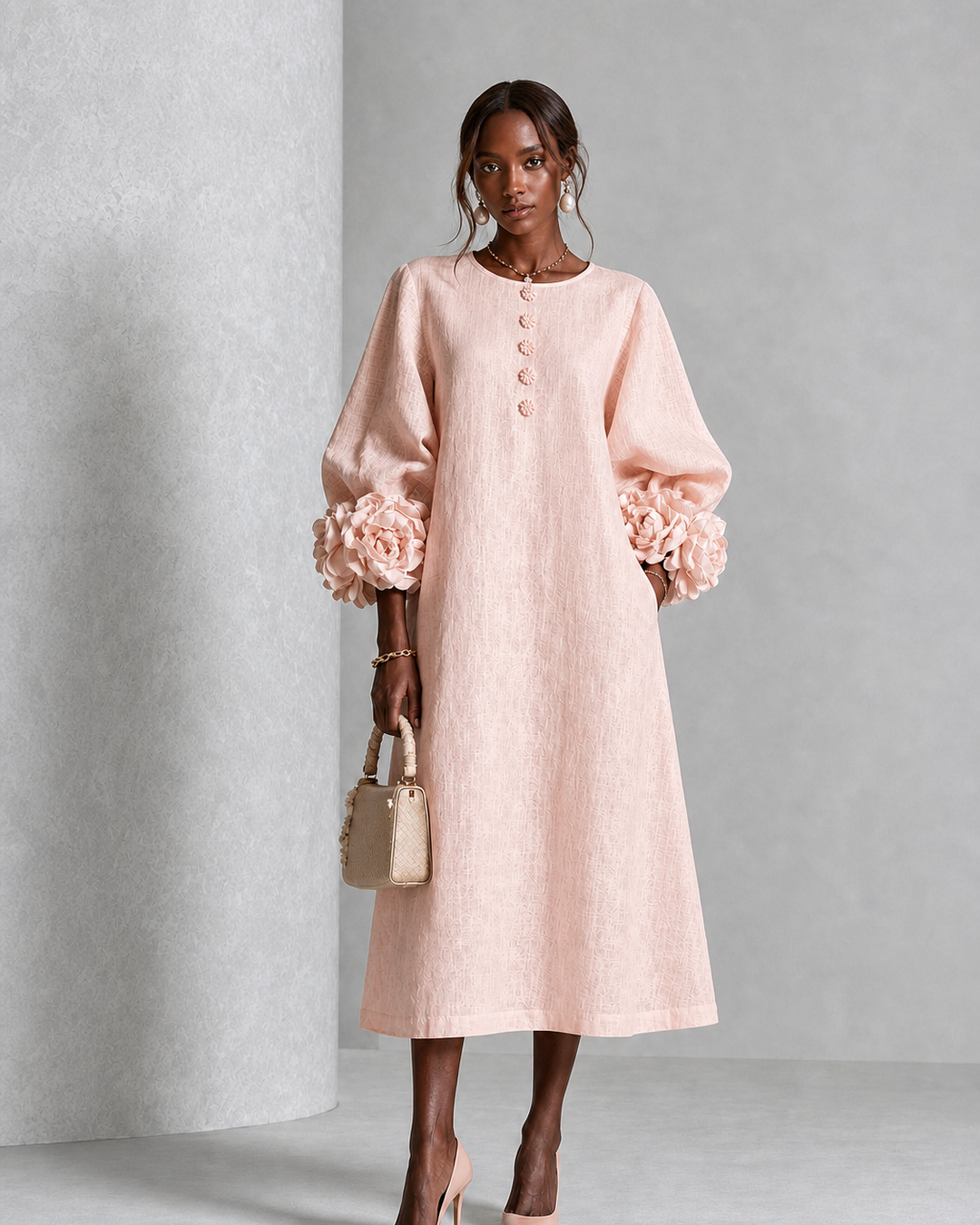 Chinelo | Pink Floral Button-down Midi Dress With Striking Floral Cuffs
