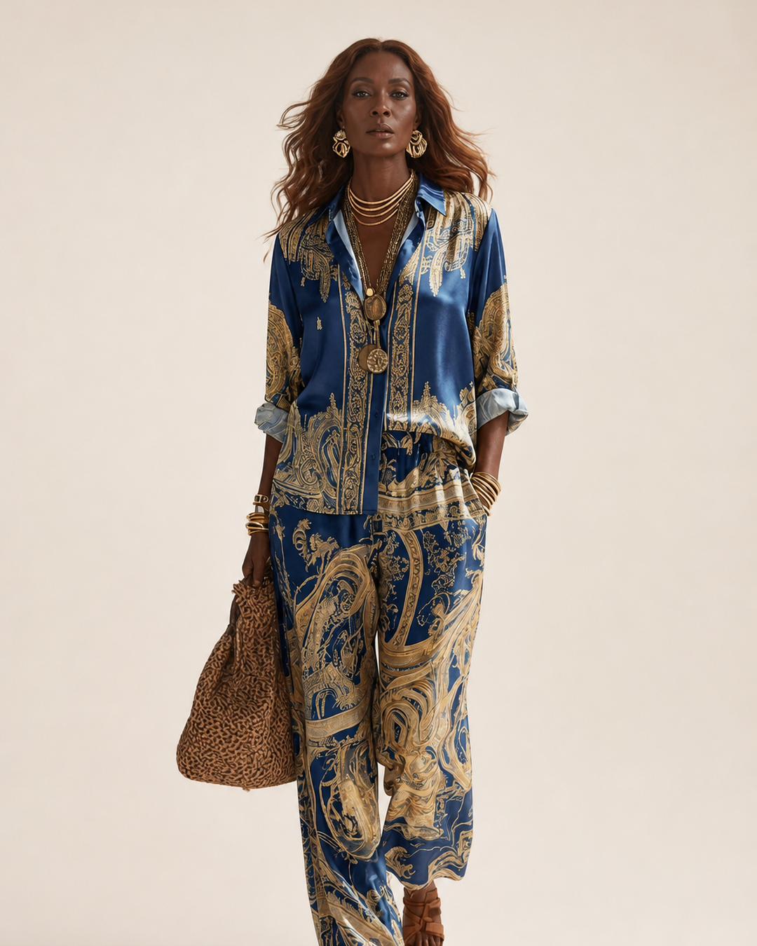 Shade | Baroque Print Button-down Shirt And Wide-leg Pants Two-piece Set