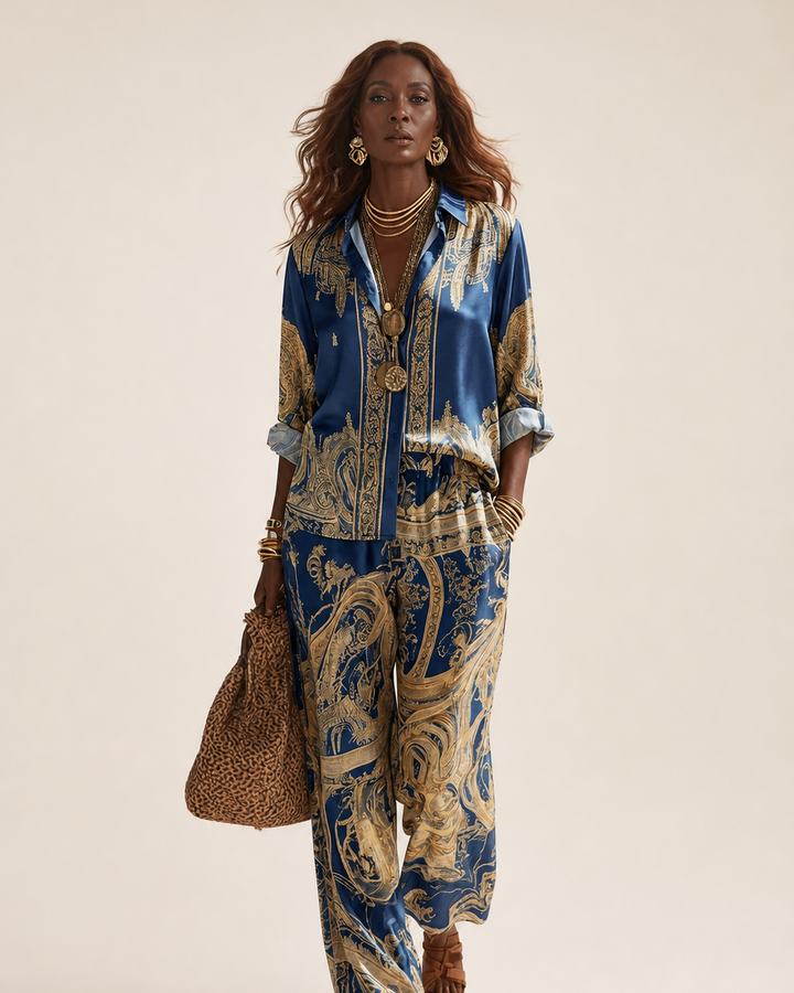 Shade | Baroque Print Button-down Shirt And Wide-leg Pants Two-piece Set