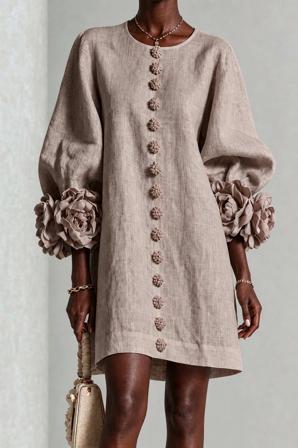Titilayo | Mushroom Taupe Floral Button-down Mini Dress With Striking Floral Cuffs