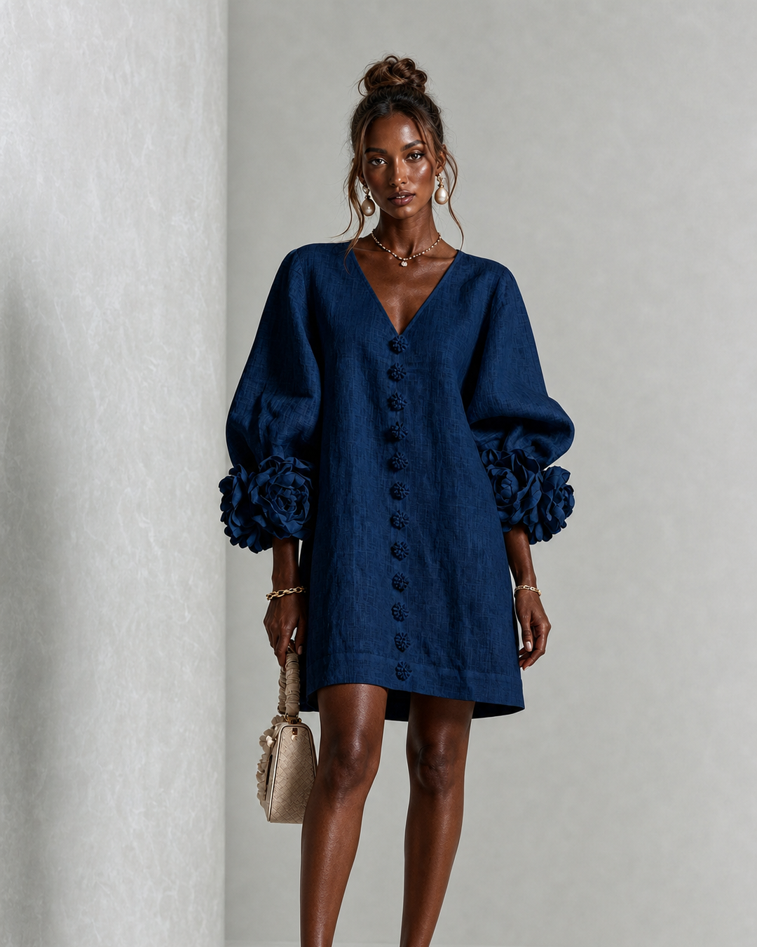 Buhle | Navy V-neck Floral Button-down Mini Dress With Striking Floral Cuffs