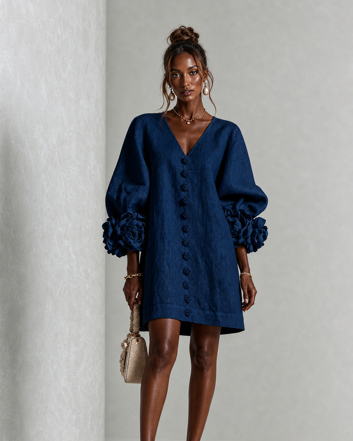 Buhle | Navy V-neck Floral Button-down Mini Dress With Striking Floral Cuffs
