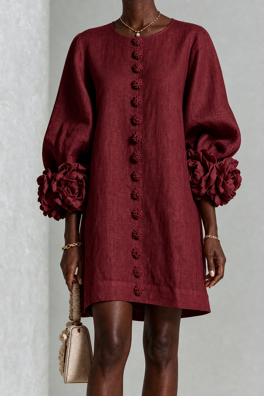 Khadidiatou | Burgundy Floral Button-down Mini Dress With Striking Floral Cuffs