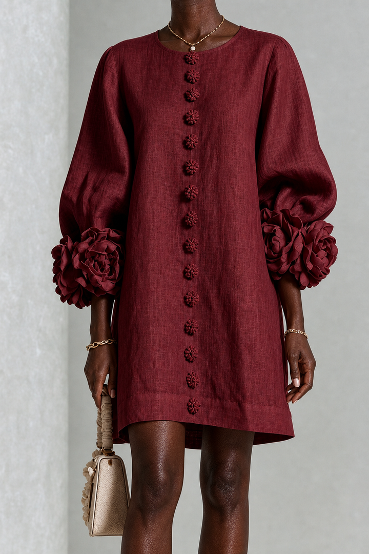 Khadidiatou | Burgundy Floral Button-down Mini Dress With Striking Floral Cuffs