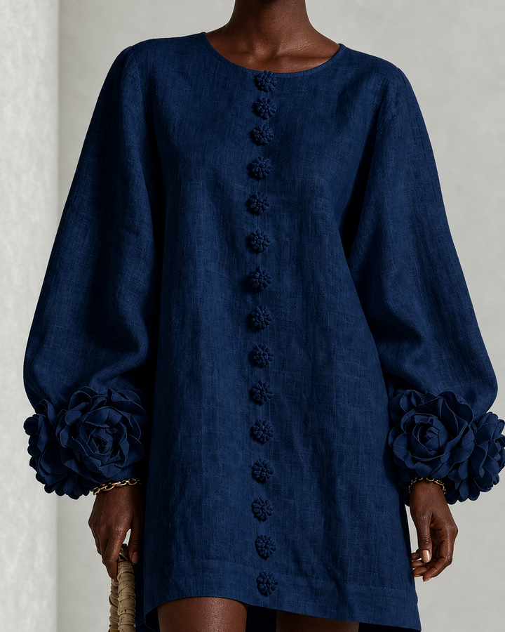 Adwoa | Navy Long Sleeve Floral Button-down Mini Dress With Striking Floral Cuffs(long Sleeve Edition)