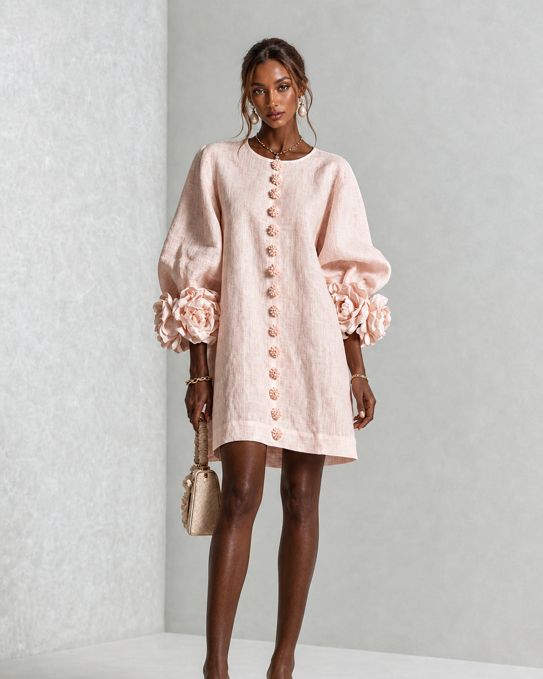 Adunni | Pink Floral Button-down Mini Dress With Striking Floral Cuffs