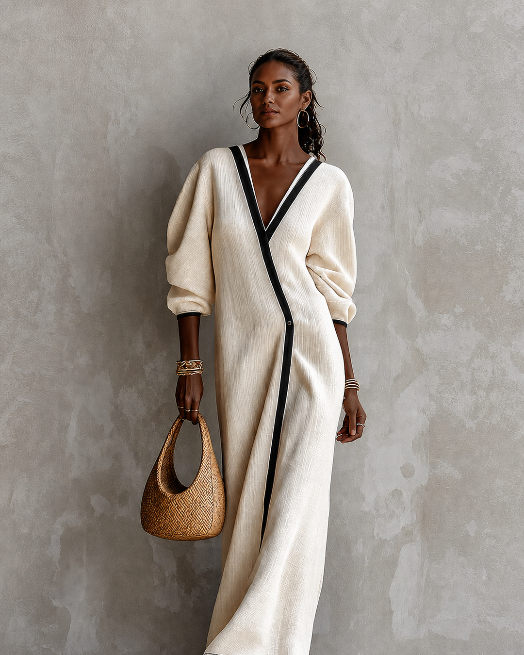 Boakyewaa | Women Beige Linen Blend V‑neck Wrap Black Contrast Trim Lantern Sleeve Maxi Dress