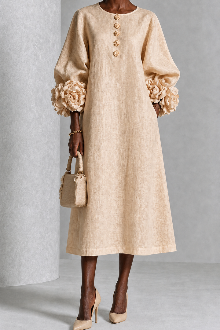 Esi | Beige Floral Button-down Midi Dress With Striking Floral Cuffs