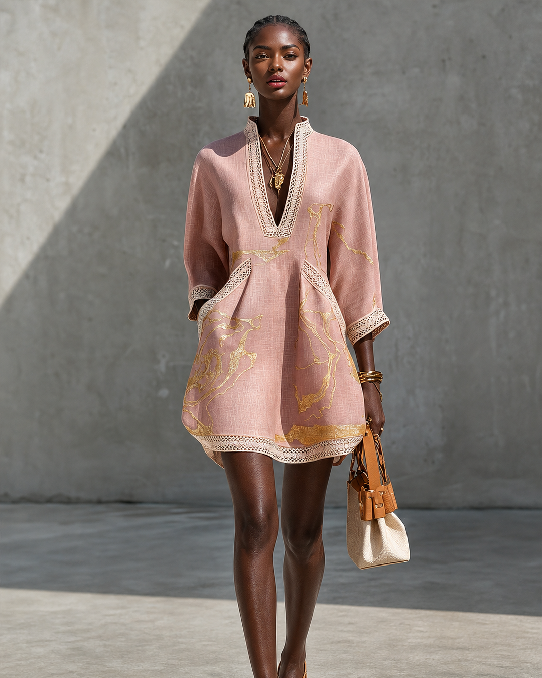 Assiatou | Pink Gold Printed V-neck Crochet Lace Mini Dress