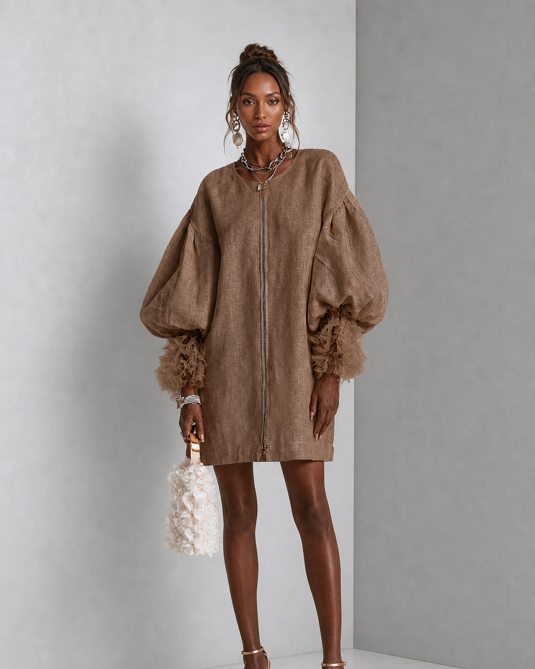 Nyambura | Brown Zip-front Balloon Sleeve Mini Dress With Pleated Ruffle Cuffs