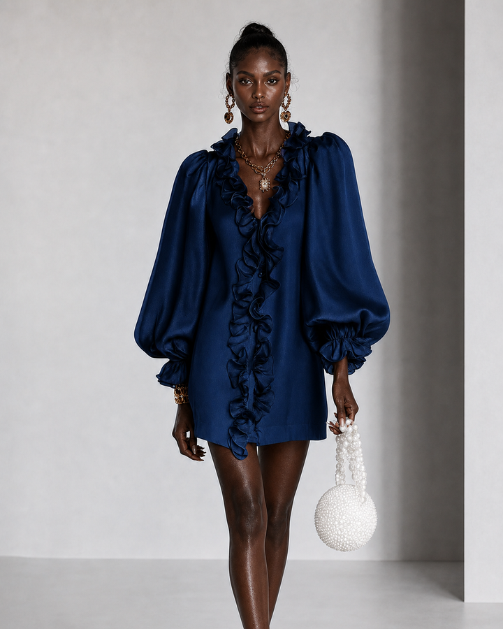 Mariatou | Navy Ruffled Puff-sleeve Loose Straight-cut Mini Dress