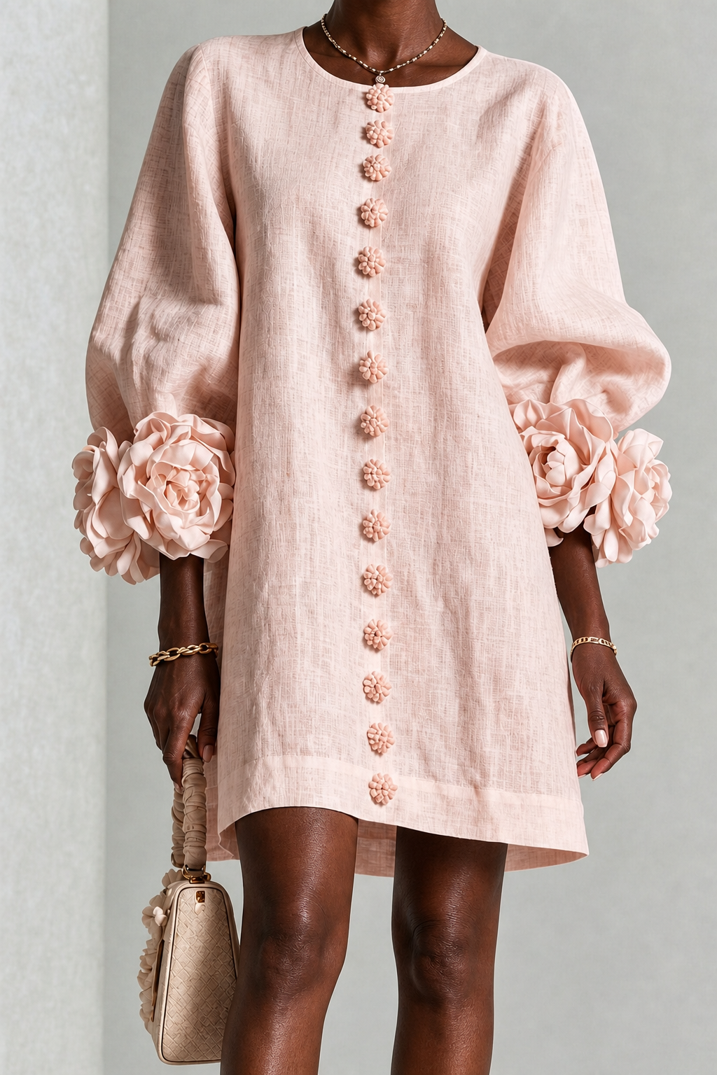 Adunni | Pink Floral Button-down Mini Dress With Striking Floral Cuffs