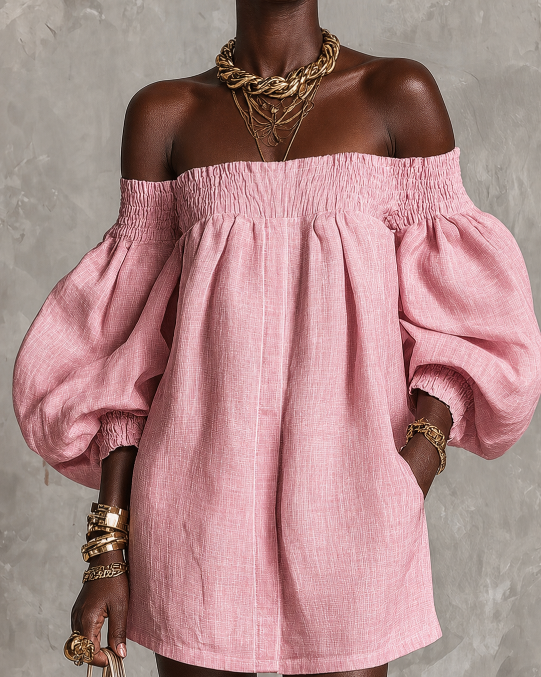 Wairimu | Pink Off-shoulder Lantern Sleeve A-line Loose Mini Dress