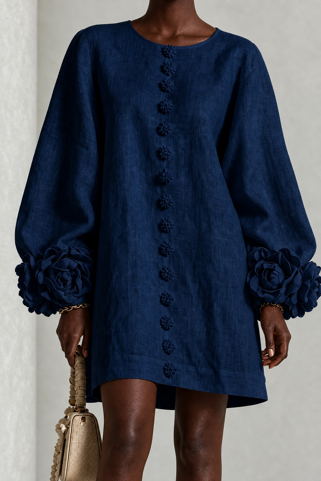 Adwoa | Navy Long Sleeve Floral Button-down Mini Dress With Striking Floral Cuffs(long Sleeve Edition)