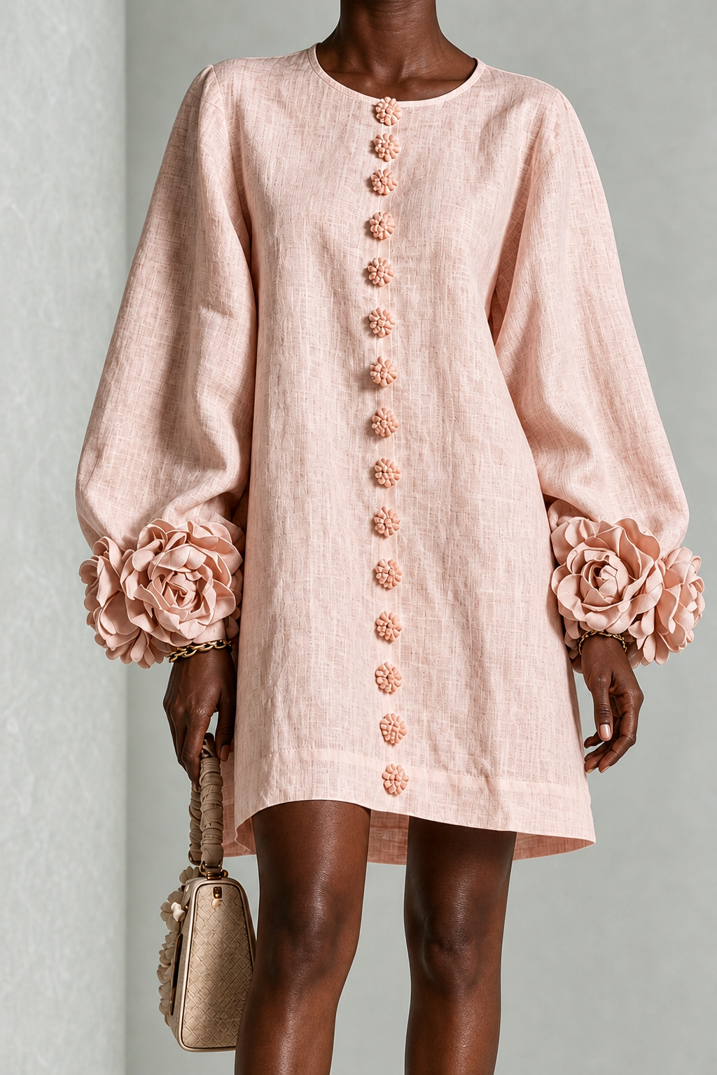 Afua | Pink Long Sleeve Floral Button-down Mini Dress With Striking Floral Cuffs(long Sleeve Edition))