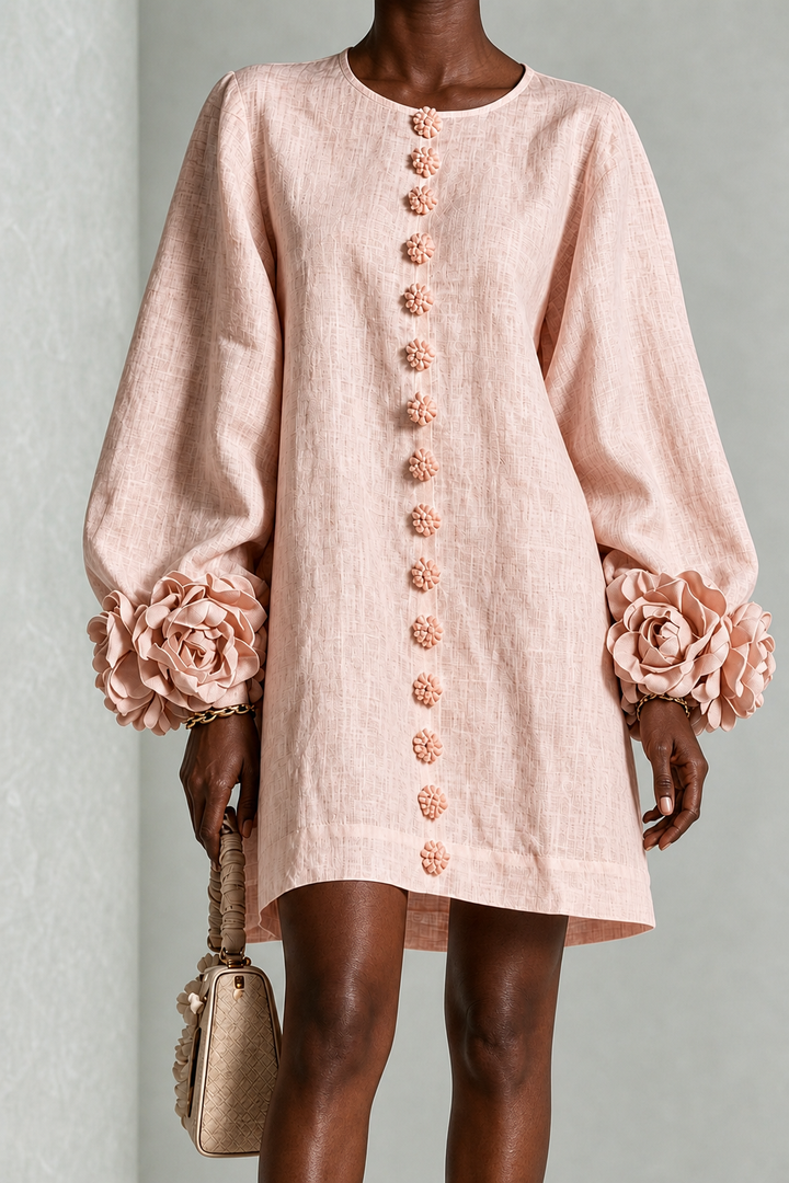 Afua | Pink Long Sleeve Floral Button-down Mini Dress With Striking Floral Cuffs(long Sleeve Edition))