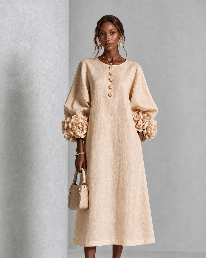 Esi | Beige Floral Button-down Midi Dress With Striking Floral Cuffs