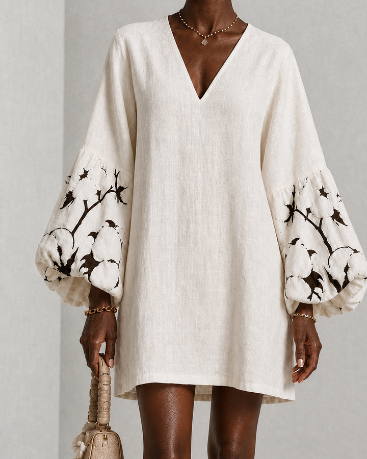Oumoul | White V-neck Lantern Puff Sleeve Floral Print Mini Dress