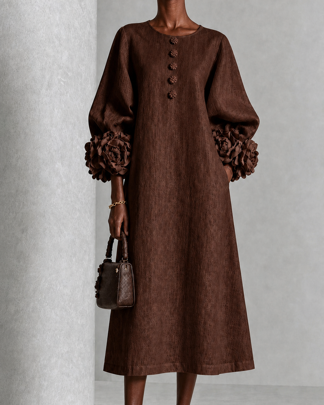 Ama | Chocolate Brown Floral Button-down Midi Dress With Striking Floral Cuffs
