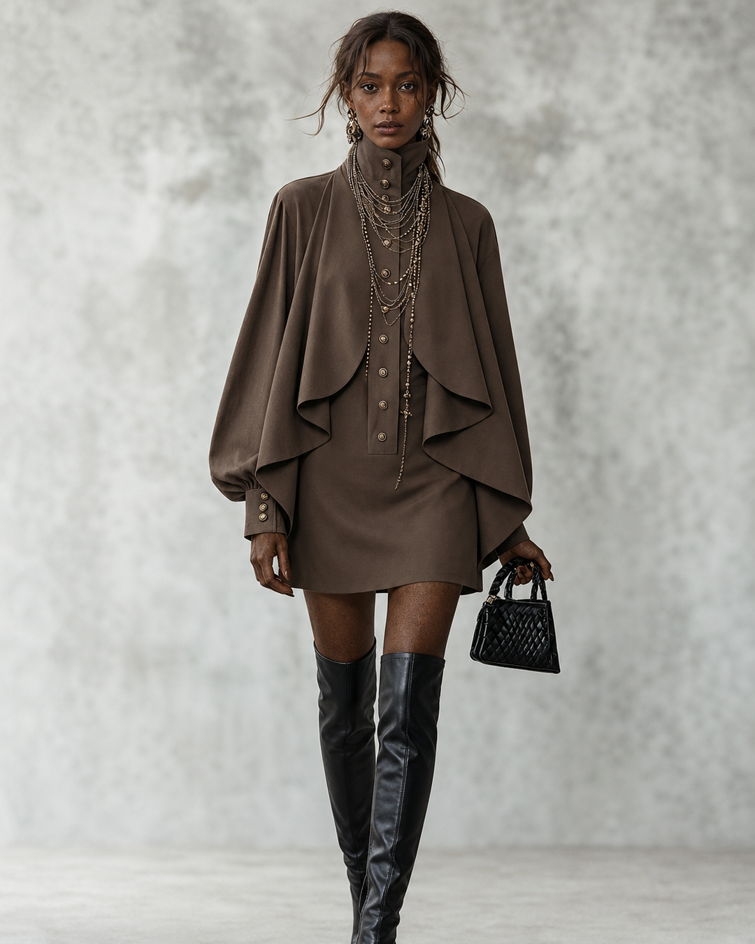 Isatou | Chocolate High-neck Mini Dress With Cape-style Paneling