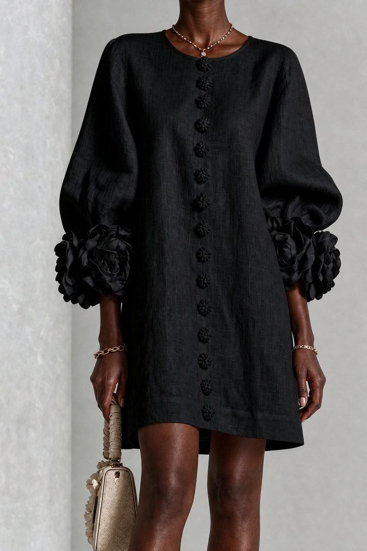 Asantewaa | Black Floral Button-down Mini Dress With Striking Floral Cuffs