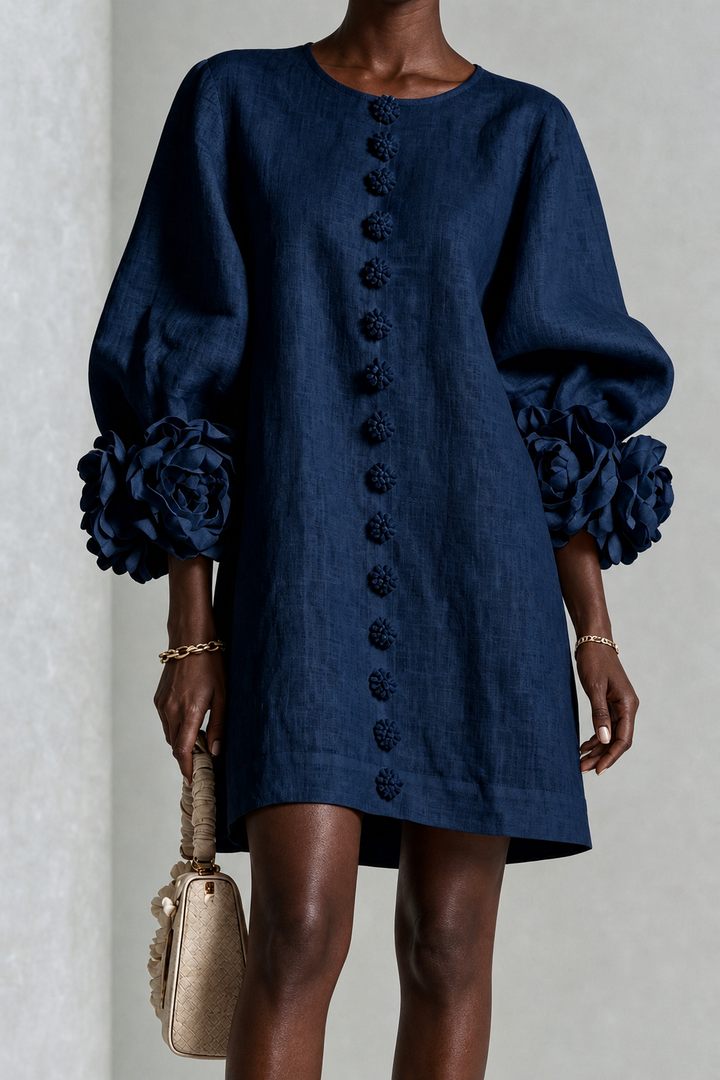 Abena | Navy Floral Button-down Mini Dress With Striking Floral Cuffs