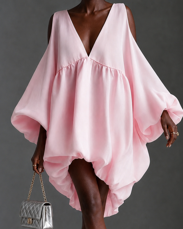 Kagendo | Baby Pink Chffion Deep V Cold Shoulder Mini Dress Puffy Balloon Sleeve Babydoll Party Dress