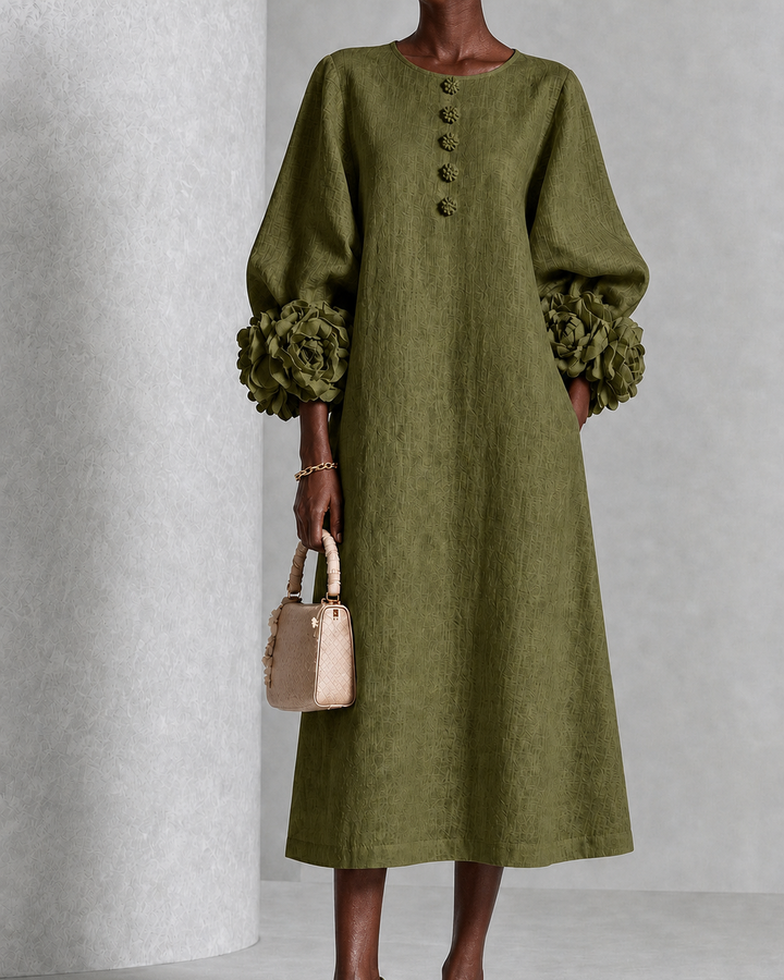 Nyarko | Olive Floral Button-down Midi Dress With Striking Floral Cuffs