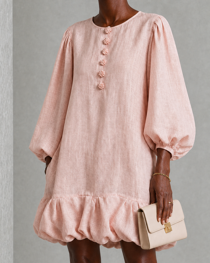 Amarachi | Pink Floral Button-front Ruffled Puff-sleeve Mini Dress