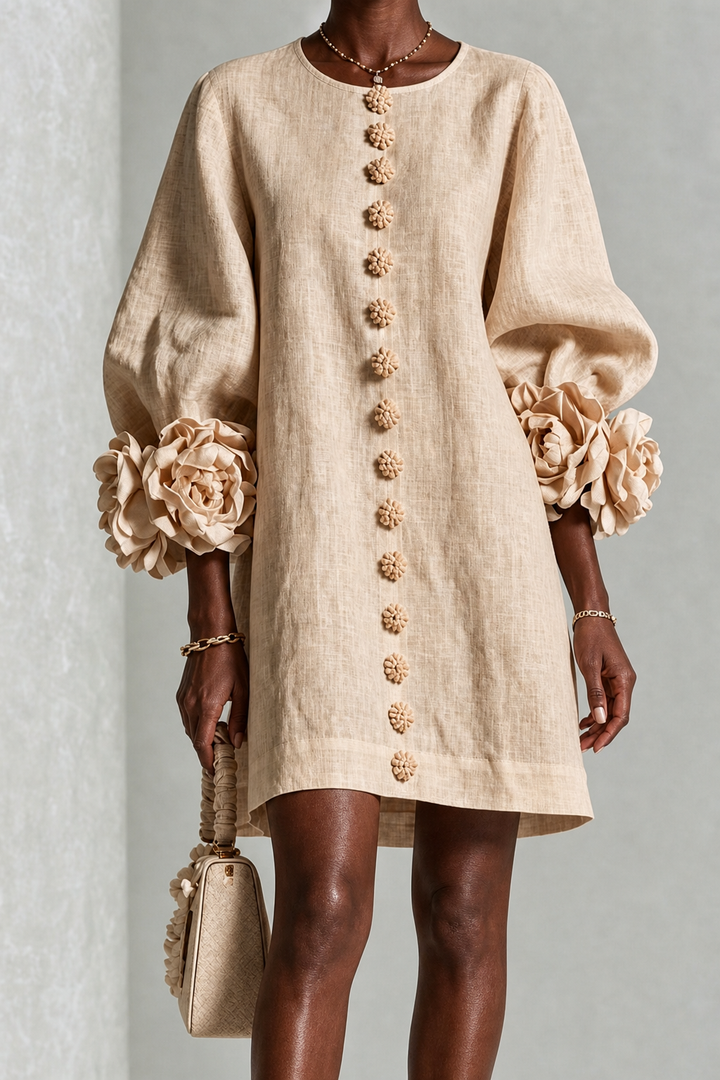Yewande | Beige Floral Button-down Mini Dress With Striking Floral Cuffs