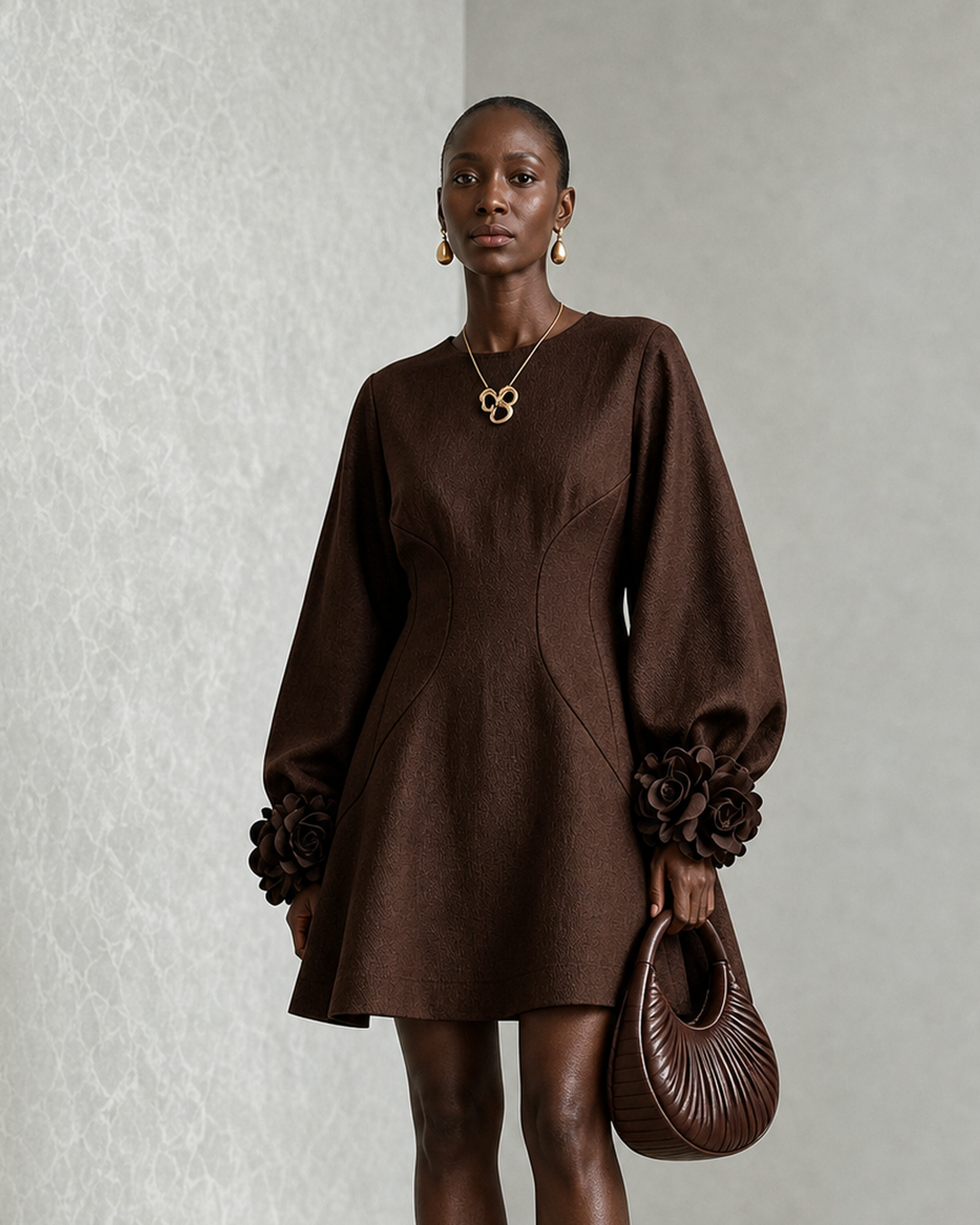 Nyokabi | Chocolate Brown Belted A-line Mini Dress Featuring Striking Floral Cuffs
