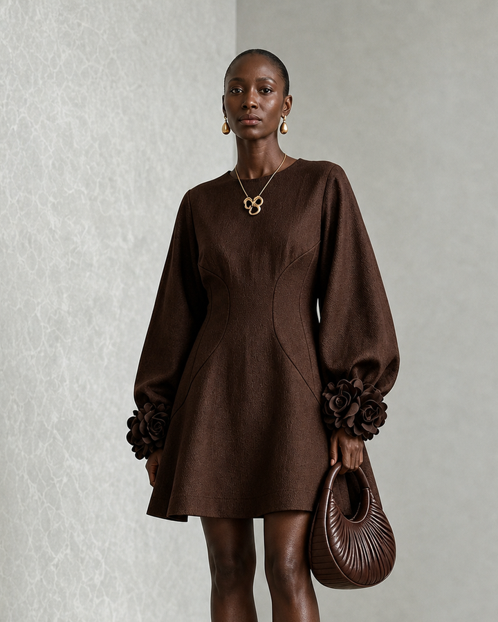 Nyokabi | Chocolate Brown Belted A-line Mini Dress Featuring Striking Floral Cuffs