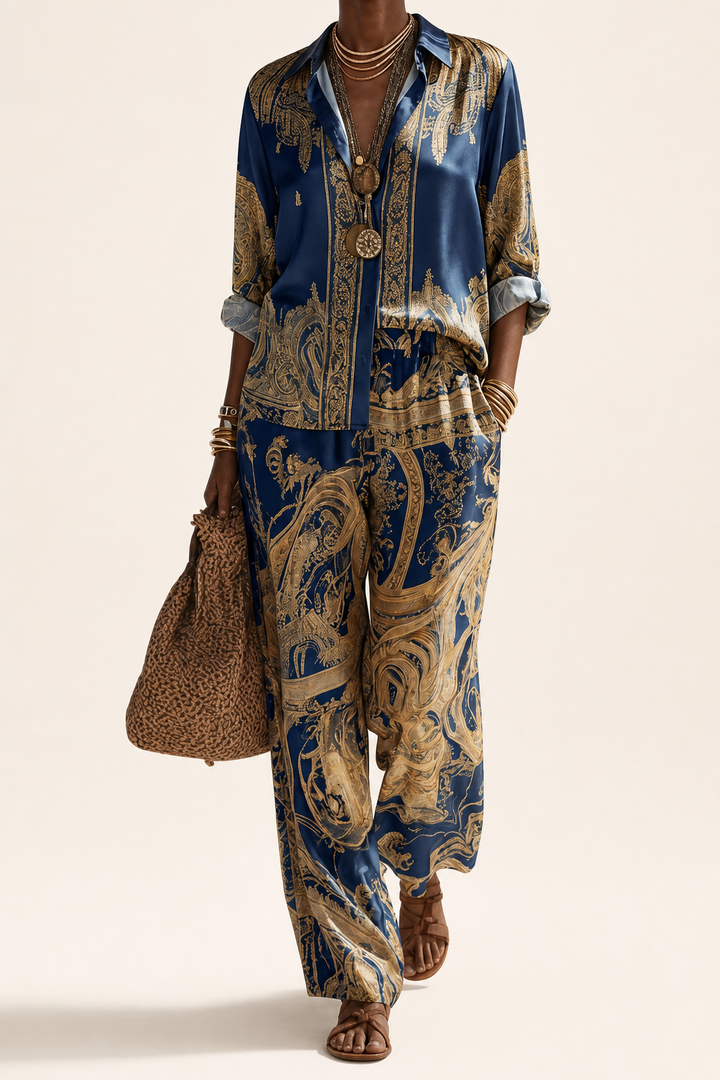 Shade | Baroque Print Button-down Shirt And Wide-leg Pants Two-piece Set