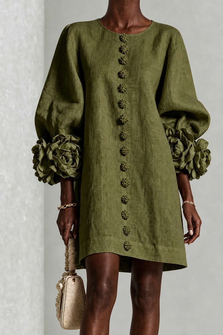 Morounke | Olive Floral Button-down Mini Dress With Striking Floral Cuffs