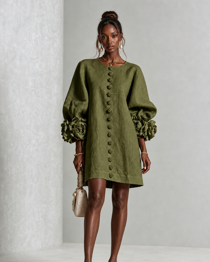 Morounke | Olive Floral Button-down Mini Dress With Striking Floral Cuffs