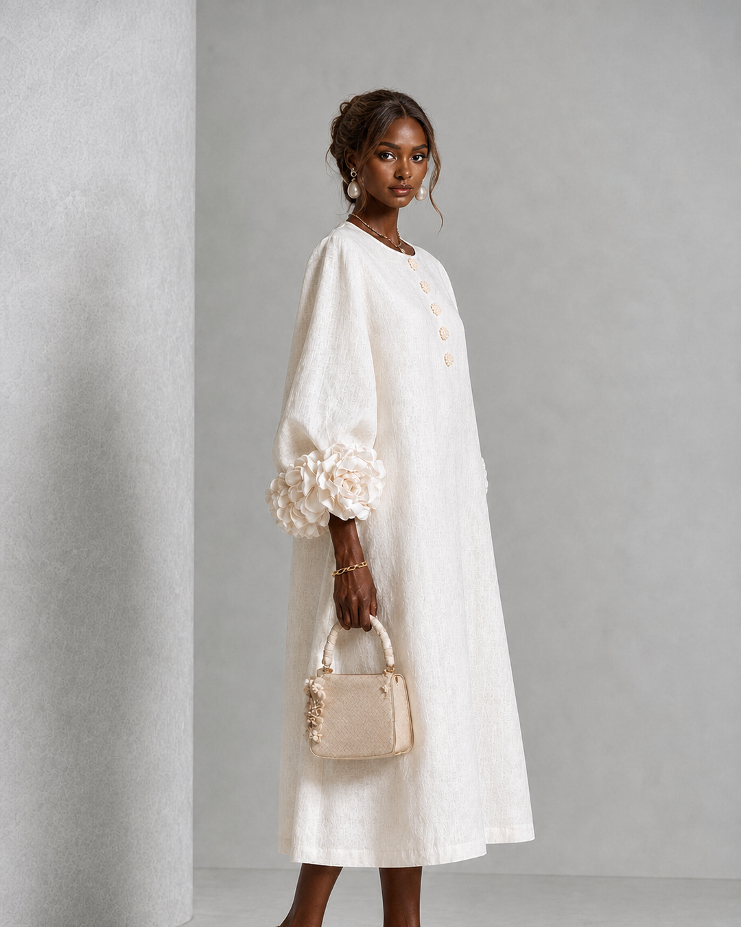 Nkiru | White Floral Button-down Midi Dress With Striking Floral Cuffs