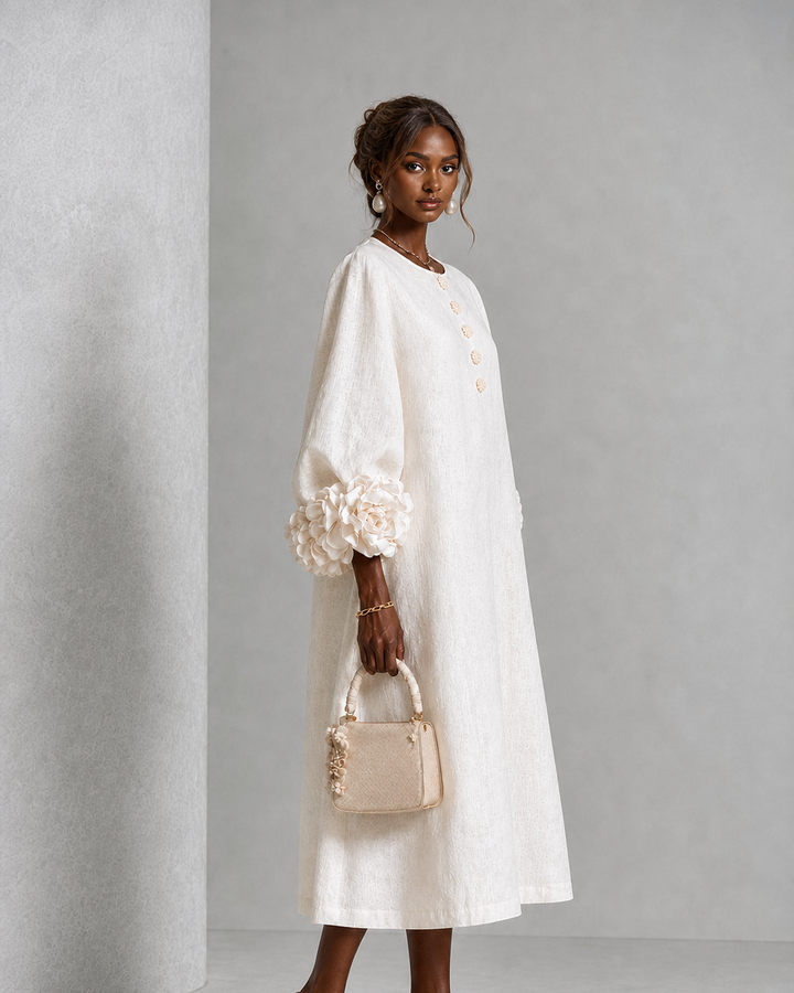 Nkiru | White Floral Button-down Midi Dress With Striking Floral Cuffs