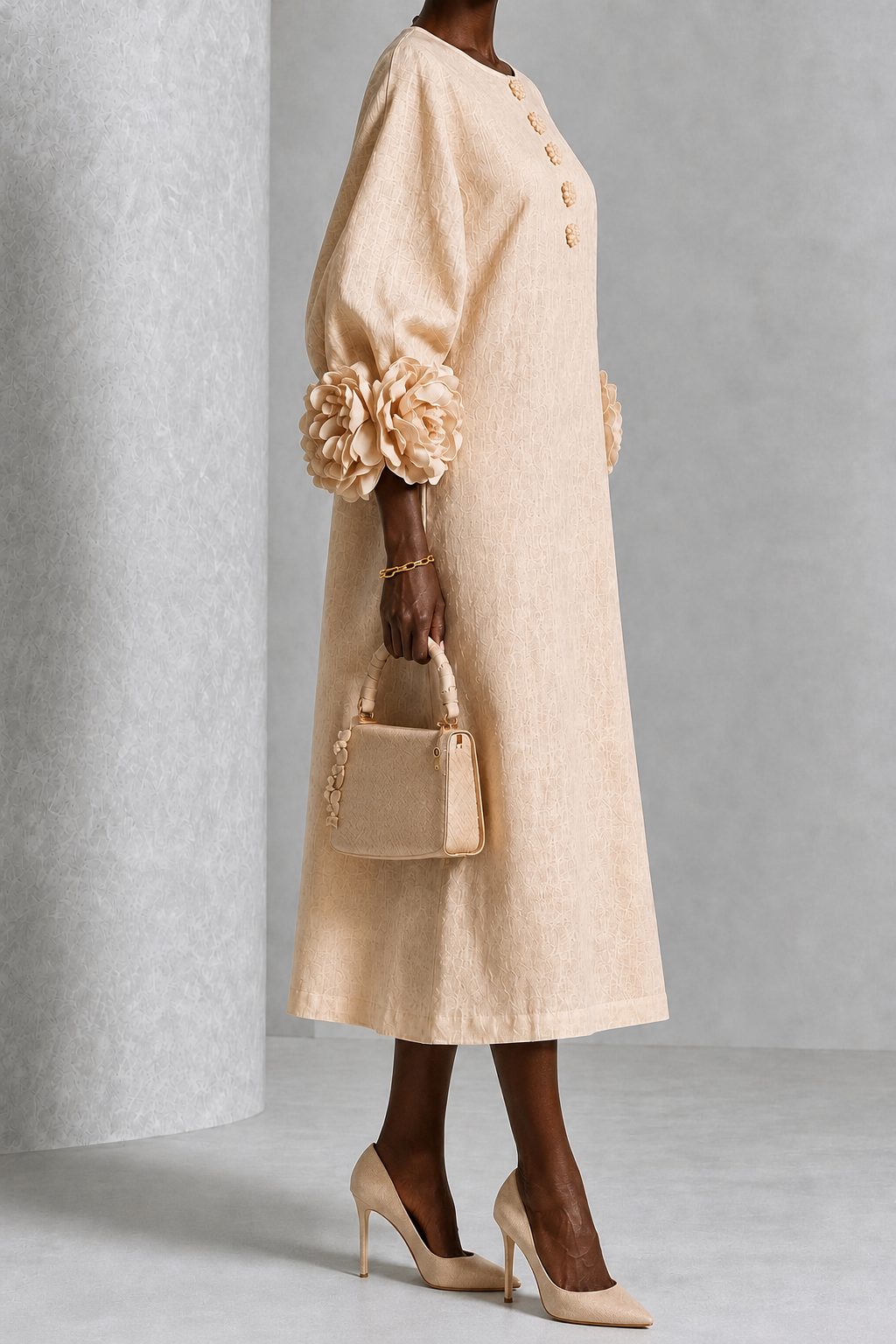 Esi | Beige Floral Button-down Midi Dress With Striking Floral Cuffs