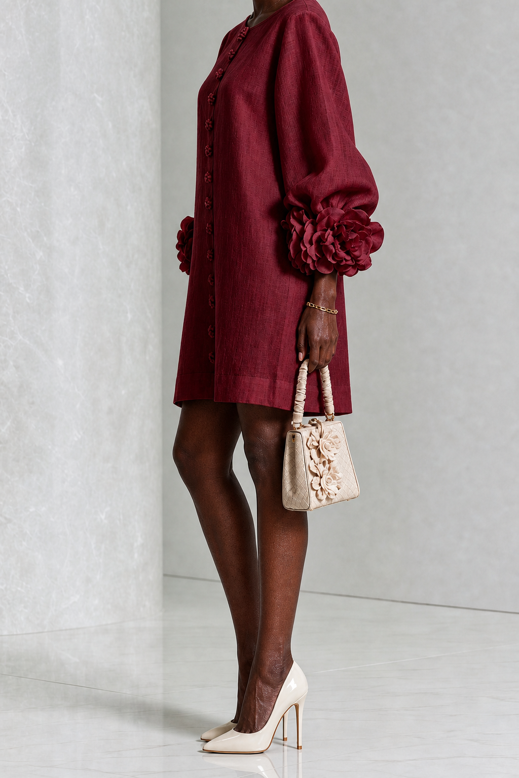 Khadidiatou | Burgundy Floral Button-down Mini Dress With Striking Floral Cuffs