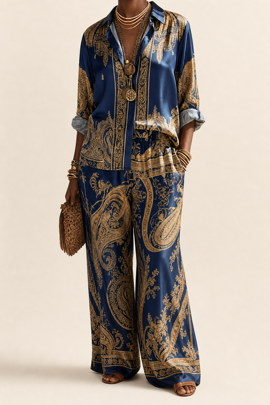 Shade | Baroque Print Button-down Shirt And Wide-leg Pants Two-piece Set