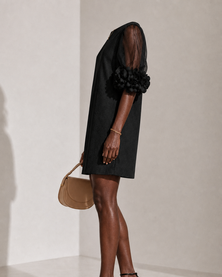 Njeri | Black Organza Puff-sleeved Mini Dress With Striking Floral Cuffs