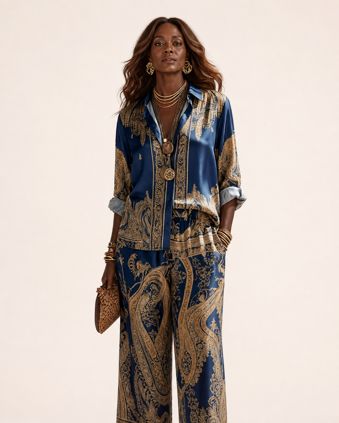Shade | Baroque Print Button-down Shirt And Wide-leg Pants Two-piece Set