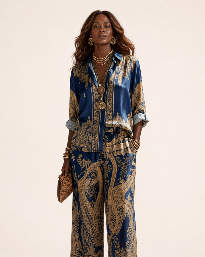 Shade | Baroque Print Button-down Shirt And Wide-leg Pants Two-piece Set