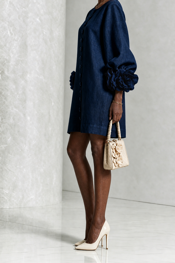 Abena | Navy Floral Button-down Mini Dress With Striking Floral Cuffs