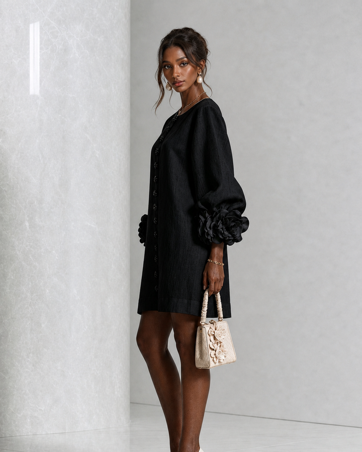 Asantewaa | Black Floral Button-down Mini Dress With Striking Floral Cuffs