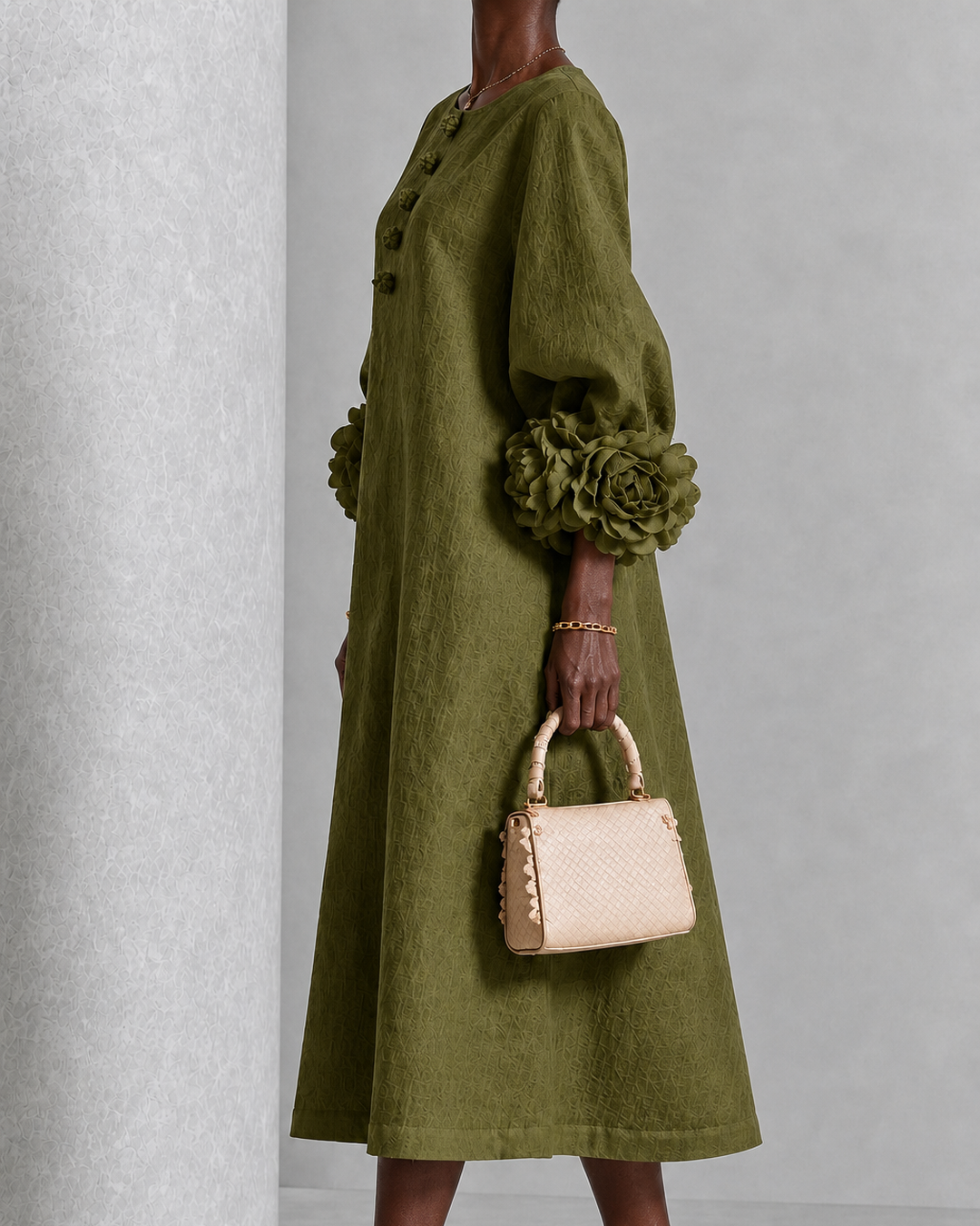 Nyarko | Olive Floral Button-down Midi Dress With Striking Floral Cuffs