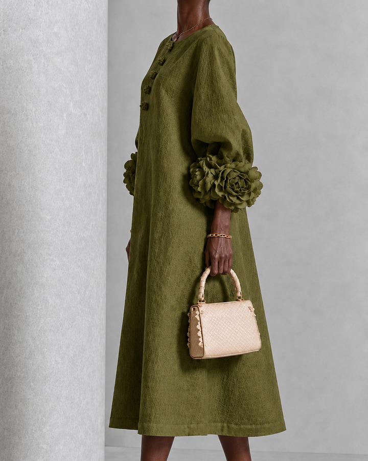 Nyarko | Olive Floral Button-down Midi Dress With Striking Floral Cuffs