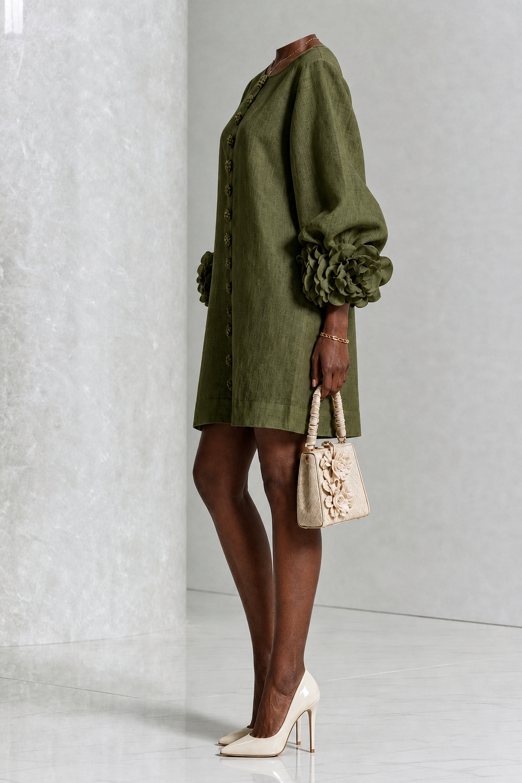 Morounke | Olive Floral Button-down Mini Dress With Striking Floral Cuffs
